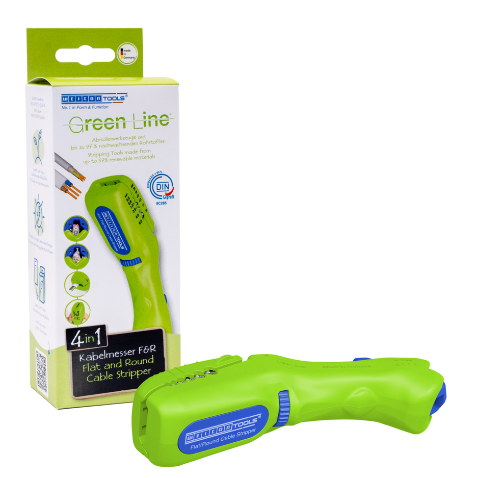 Platte en ronde kabelscharen Green Line  | Stripgereedschap gemaakt van maximaal 97% hernieuwbare grondstoffen I voor alle gangbare platte kabels tot een breedte van 18 mm en alle gangbare ronde kabels met een diameter van 6-13 mm