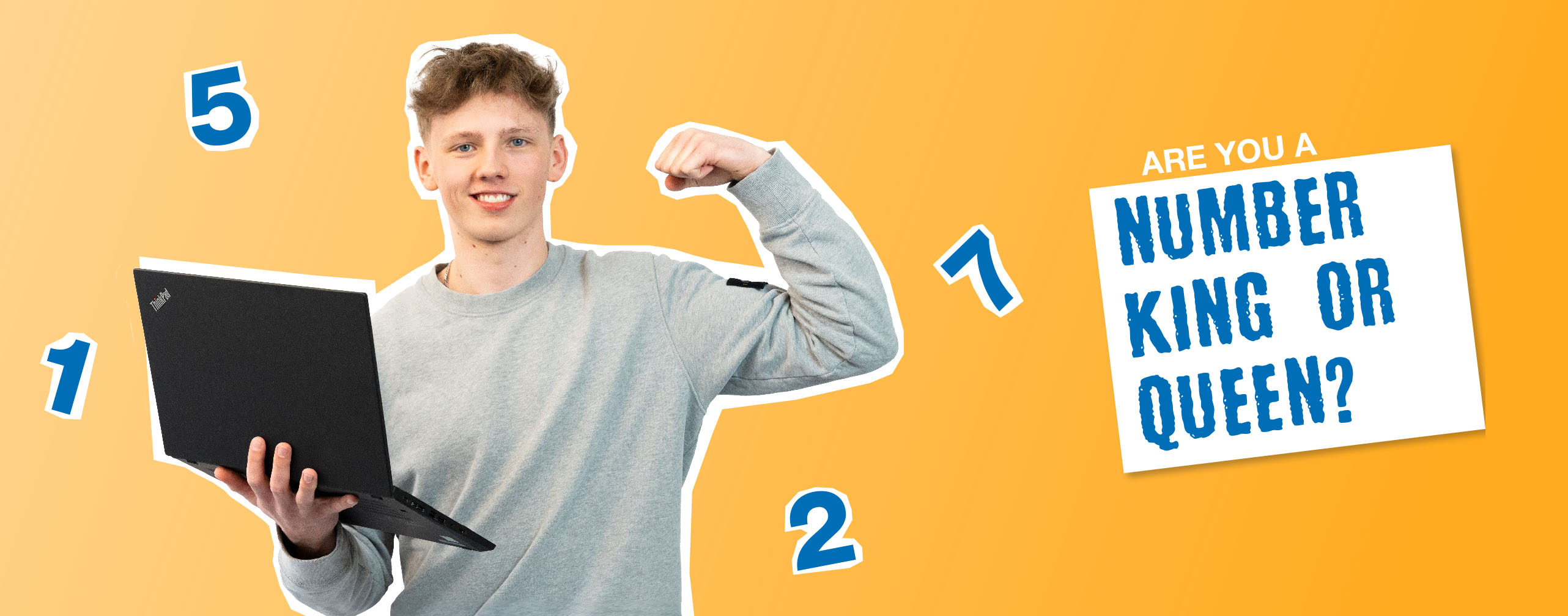 Young man with laptop in hand, smiling, surrounded by numbers, next to text ‘Are you good with numbers?’