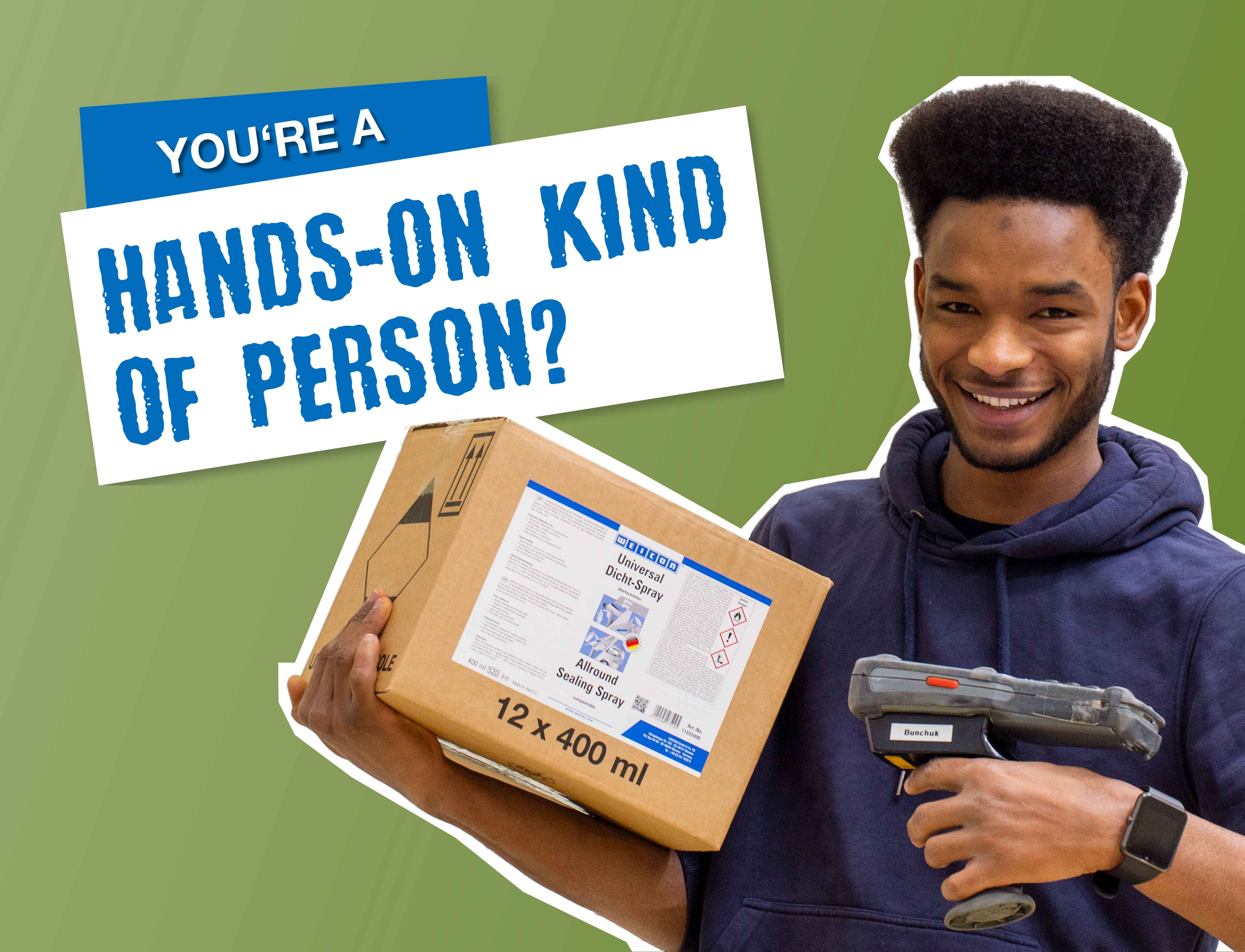 Jonge man met pakket en scanner in de hand, met daarnaast de tekst “Ben jij een doorzetter?”