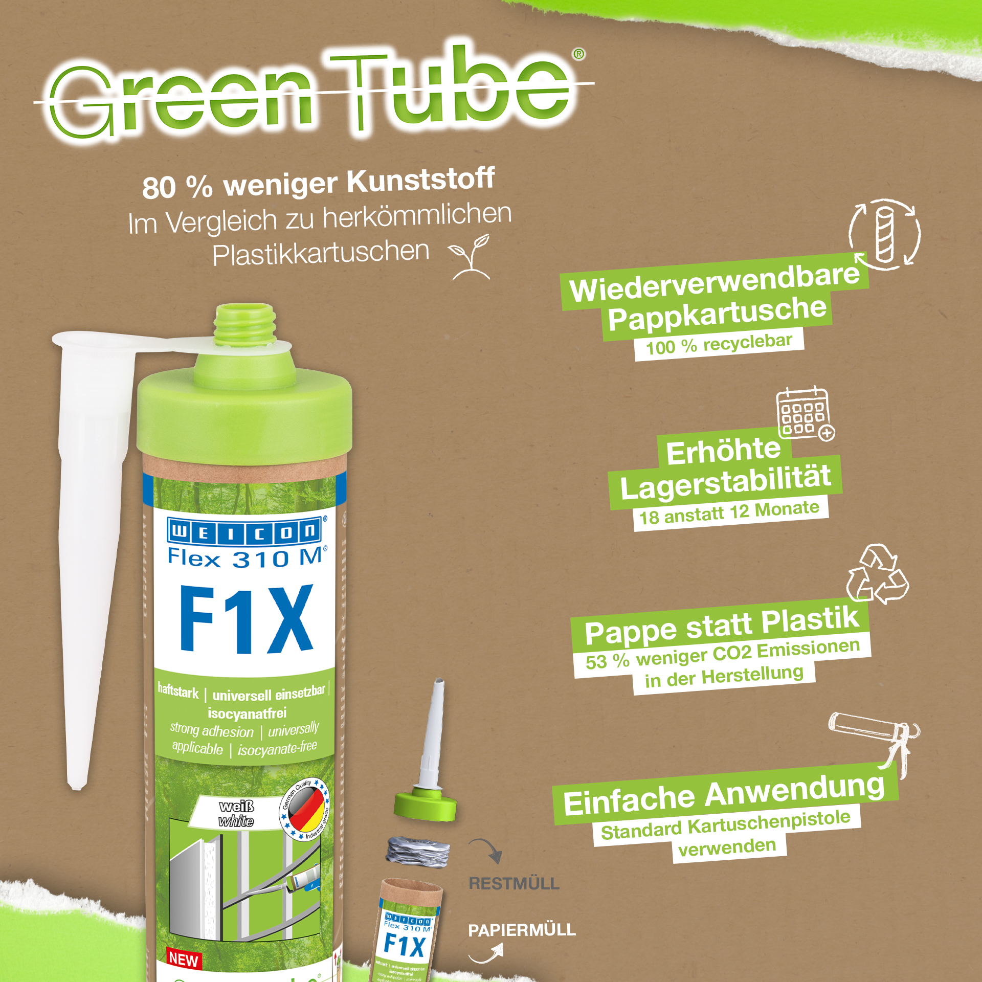 WEICON Green Tube Flex 310 M F1X | Scellant adhésif avec une très forte adhérence initiale à base de Ms-polymère, résistant aux températures jusqu’à 180°C
