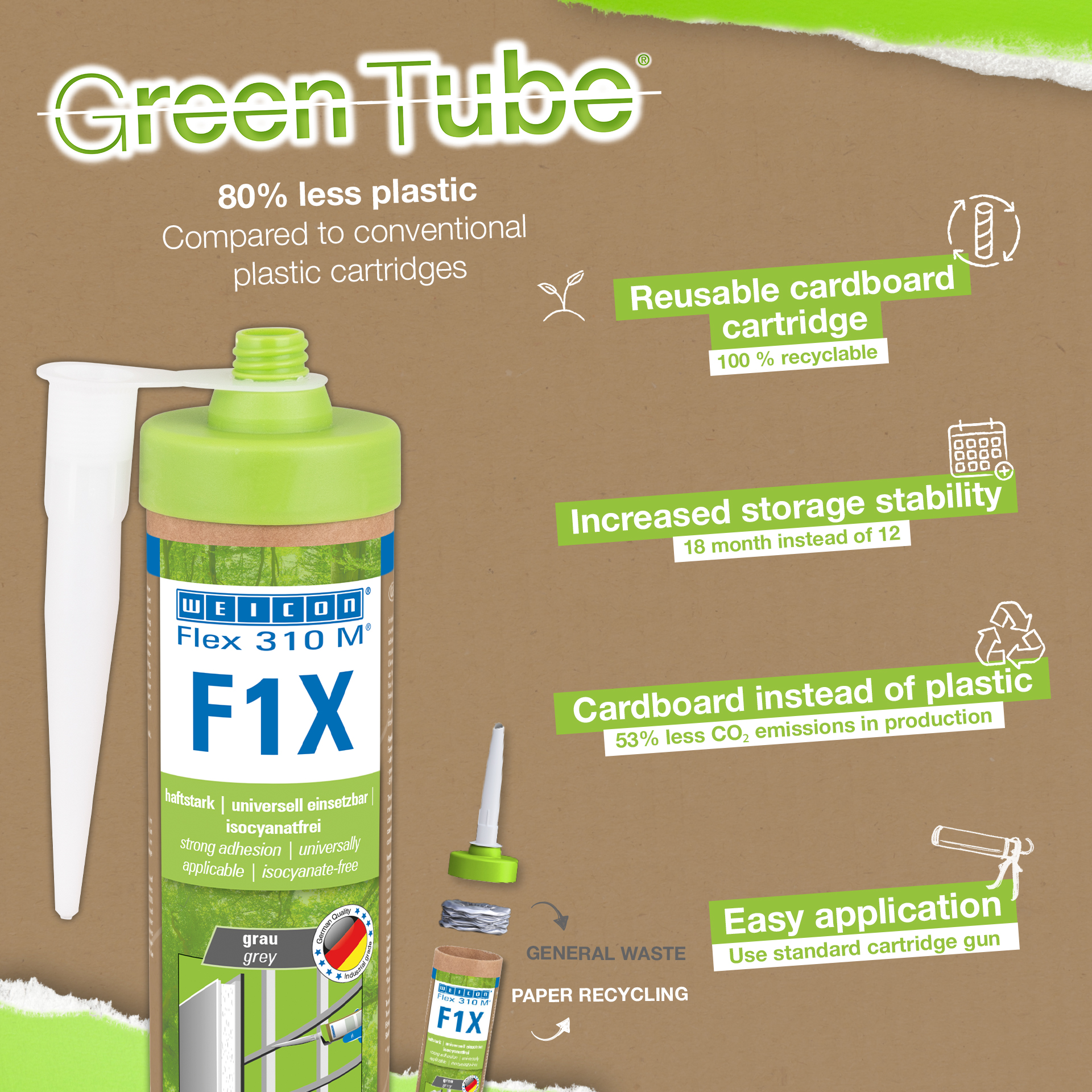 WEICON Green Tube Flex 310 M F1X | Scellant adhésif avec une très forte adhérence initiale à base de Ms-polymère, résistant aux températures jusqu’à 180°C