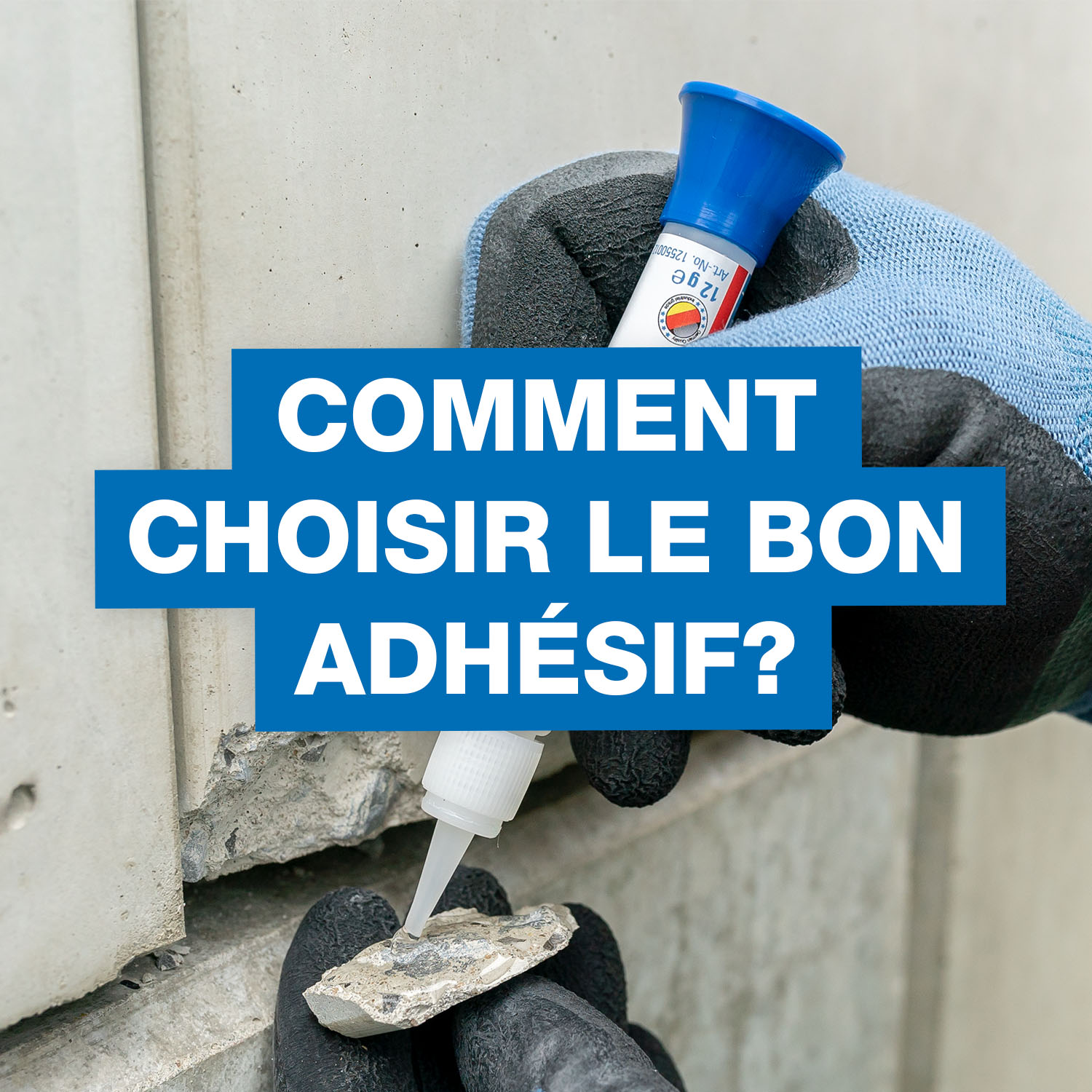 Application de colle cyanoacrylate sur un morceau de pierre avec le texte Comment choisir le bon adhésif pour le collage de matériaux.